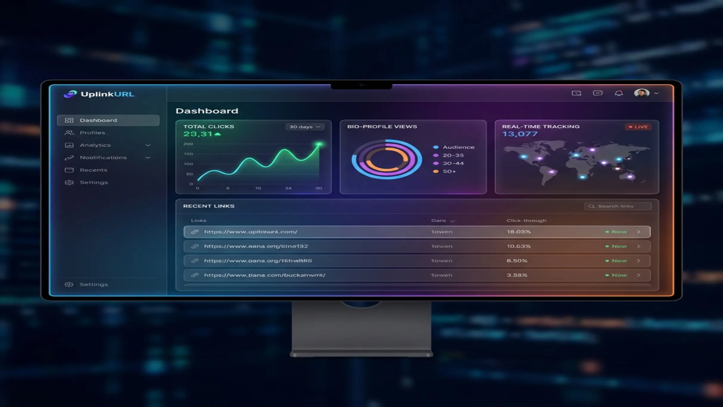 UplinkURL Dashboard Preview showing analytics and link management interface